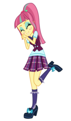 Size: 3350x5700 | Tagged: safe, artist:lifes-remedy, sour sweet, equestria girls, g4, my little pony equestria girls: friendship games, absurd resolution, bowtie, clothes, crystal prep academy, crystal prep academy uniform, crystal prep shadowbolts, female, freckles, hands together, high heels, pleated skirt, ponytail, raised leg, school uniform, simple background, skirt, socks, solo, transparent background, vector, vest