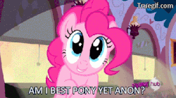 Size: 400x222 | Tagged: safe, pinkie pie, oc, oc:anon, g4, animated, best pony, bronybait, cute, diapinkes, opinion