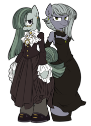 Size: 747x1034 | Tagged: safe, artist:うめぐる, limestone pie, marble pie, earth pony, anthro, semi-anthro, unguligrade anthro, g4, arm hooves, black dress, chest fluff, cleavage fluff, clothes, dress, earring, female, glasses, looking at you, piercing, simple background, smiling, white background