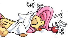 Size: 232x129 | Tagged: safe, artist:stoic5, angel bunny, fluttershy, pegasus, pony, g4, apple, blanket, cute, drool, explicit source, eyes closed, female, floppy ears, food, horse noises, mare, meme, neigh, open mouth, picture for breezies, prone, saliva puddle, shyabetes, simple background, snoring, tongue out, unamused, whinny, white background