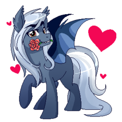 Size: 300x300 | Tagged: safe, artist:xwhitedreamsx, oc, oc only, oc:silver dawn pixel, bat pony, pony, flower, flower in mouth, mouth hold, pixel art, rose, simple background, solo, transparent background