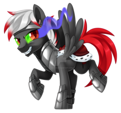 Size: 1600x1486 | Tagged: safe, artist:centchi, king sombra, oc, oc only, oc:brimstone, pegasus, pony, armor, clothes, cosplay, costume, dark magic, magic, pegasus oc, simple background, solo, sombra eyes, transparent background, watermark, wings