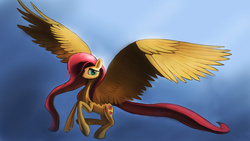 Size: 1280x723 | Tagged: dead source, safe, artist:auroriia, fluttershy, g4, female, flying, impossibly large wings, solo, spread wings