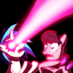 Size: 2000x2000 | Tagged: safe, artist:atomic-chinchilla, dj pon-3, octavia melody, vinyl scratch, earth pony, pony, unicorn, g4, cyclops (marvel), duo, eye beams, optic blast, story in the comments, vyclops, x-men
