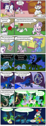 Size: 1145x3115 | Tagged: safe, artist:gegenschein17, diamond tiara, discord, nightmare moon, opalescence, princess celestia, princess luna, queen chrysalis, rarity, sweetie belle, trixie, pikachu, pony, unicorn, g4, comic, female, full circle, mare, pokémon, ponymon, sleepwalking