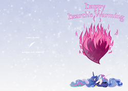 Size: 3150x2250 | Tagged: safe, artist:feather, princess celestia, princess luna, g4, cute, eyes closed, fire of friendship, heart, hearth's warming, hug, on side, princess, prone, sisters, smiling