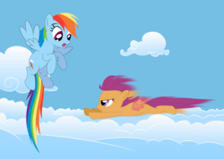 Size: 7339x5231 | Tagged: safe, artist:tgolyi, rainbow dash, scootaloo, g4, absurd resolution, female, magic, scootaloo can fly