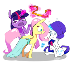 Size: 1280x1097 | Tagged: safe, artist:shinyarmor, fluttershy, rarity, twilight sparkle, g4, clothes, dress, measuring tape