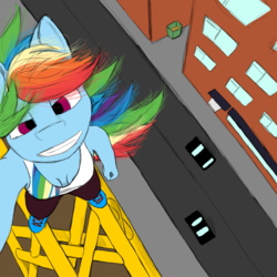 Size: 2000x2000 | Tagged: safe, rainbow dash, anthro, plantigrade anthro, g4, female, high res, parkour, selfie, solo