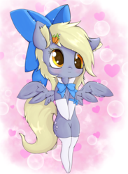 Size: 1280x1750 | Tagged: safe, artist:zokkili, derpy hooves, pegasus, pony, g4, bow, bowtie, clothes, colored eyelashes, female, mare, solo, stockings, thigh highs