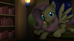 Size: 1920x1080 | Tagged: safe, artist:majorrainbow, fluttershy, g4, 3d, book, bookshelf, couch, female, lamp, looking at you, night, prone, solo, source filmmaker