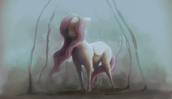 Size: 2938x1703 | Tagged: safe, artist:sharpieboss, fluttershy, g4, dark, female, floppy ears, folded wings, solo, standing, windswept mane