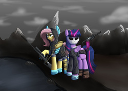 Size: 2744x1953 | Tagged: safe, artist:vanillaghosties, fluttershy, twilight sparkle, alicorn, pony, g4, badass, clothes, costume, dangerous mission outfit, female, flutterbadass, goggles, gun, hoodie, mare, mask, payday, twilight sparkle (alicorn), weapon