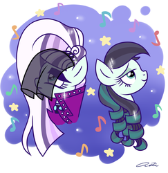 Size: 1280x1316 | Tagged: safe, artist:iheartjapan789, coloratura, earth pony, pony, g4, bust, clothes, countess coloratura, duality, female, lidded eyes, mare, music notes, rara, signature, smiling, solo, stars