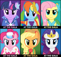 Size: 1125x1050 | Tagged: safe, artist:alexstrazse, applejack, fluttershy, pinkie pie, rainbow dash, rarity, twilight sparkle, earth pony, pegasus, pony, unicorn, g4, applejack's hat, at the gala, clothes, cowboy hat, dress, female, gala dress, hat, jewelry, mane six, mare, stetson, tiara, unicorn twilight