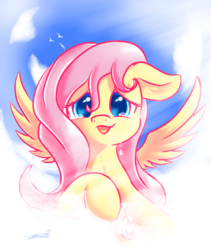Size: 1024x1212 | Tagged: safe, artist:freeedon, fluttershy, pegasus, pony, g4, cloud, crying, female, floppy ears, flying, joy, looking at you, mare, open mouth, raised hoof, sky, smiling, solo, spread wings, story in the source, stray strand, tears of joy, teary eyes, wings