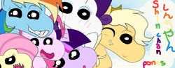 Size: 500x195 | Tagged: safe, applejack, fluttershy, pinkie pie, rainbow dash, rarity, twilight sparkle, g4, crayon shin-chan, mane six, style emulation