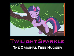 Size: 1600x1200 | Tagged: safe, edit, edited screencap, screencap, twilight sparkle, pony, unicorn, g4, winter wrap up, behaving like a cat, hug, implied tree hugger, meme, motivational poster, name pun, pun, tree, twilight cat, unicorn twilight, visual pun