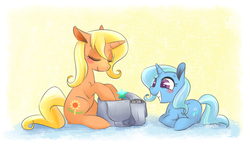 Size: 1370x860 | Tagged: safe, artist:phyllismi, idw, sunflower spectacle, trixie, pony, unicorn, g4, spoiler:comic, spoiler:comic40, duo, eyes closed, female, grin, like mother like daughter, like parent like child, mare, mother and daughter, prone, smiling