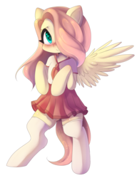 Size: 1918x2500 | Tagged: safe, artist:yukomaussi, fluttershy, pegasus, pony, semi-anthro, g4, bipedal, blushing, clothes, female, mare, school uniform, skirt, socks, solo, spread wings, stockings, thigh highs, zettai ryouiki