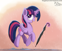 Size: 2200x1800 | Tagged: safe, artist:bugplayer, twilight sparkle, alicorn, pony, g4, 2016, bugplayer is trying to murder us, cute, female, magic, mare, open mouth, rain, signature, singin' in the rain, solo, telekinesis, trotting, twiabetes, twilight sparkle (alicorn), umbrella