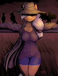 Size: 987x1300 | Tagged: safe, artist:drbdnv, applejack, crow, anthro, g4, :3, breasts, busty applejack, clothes, female, freckles, glowing eyes, hat, hidden eyes, jacket, scarecrow, shirt, shorts, smiling, solo, spread wings, straw
