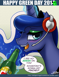 Size: 700x900 | Tagged: safe, artist:johnjoseco, edit, princess luna, gamer luna, g4, 2016, alcohol, eyeshadow, female, food, headset, looking at you, magic, makeup, saint patrick's day, solo