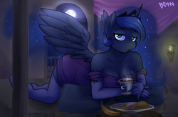 Size: 1300x854 | Tagged: safe, artist:drbdnv, princess luna, alicorn, anthro, unguligrade anthro, g4, banana, breasts, cleavage, clothes, dress, evening gloves, female, food, gloves, moon, muffin, night, pillow, prone, socks, solo, spread wings, stockings, tea, thigh highs