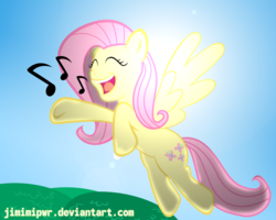Size: 2500x2000 | Tagged: safe, artist:jimimipwr, fluttershy, g4, female, flying, high res, lens flare, singing, solo, sun