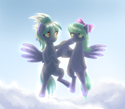 Size: 679x594 | Tagged: safe, artist:drbdnv, cloudchaser, flitter, pegasus, pony, g4, backlighting, boop, bow, cloud, female, flying, hair bow, mare, smiling, unamused