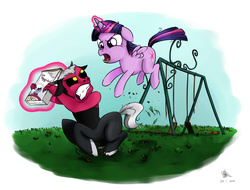 Size: 2100x1600 | Tagged: safe, artist:poecillia-gracilis19, lord tirek, photo finish, twilight sparkle, alicorn, pony, g4, cereal, cute, female, fight, filly, foal, food, magic, mare, playground, swing, telekinesis, tirebetes, twiabetes, twilight sparkle (alicorn), twilight vs tirek, younger