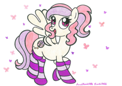 Size: 1024x724 | Tagged: safe, artist:annemarie1986, oc, oc only, oc:cuddle bug, butterfly, clothes, socks, solo, striped socks, traditional art