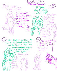 Size: 1280x1611 | Tagged: safe, artist:adorkabletwilightandfriends, lyra heartstrings, spike, dragon, pony, unicorn, comic:adorkable twilight and friends, g4, adorkable twilight, blushing, comic, dialogue, embarrassed, female, floppy ears, implied pooping, lidded eyes, lineart, looking at each other, mare, open mouth, poop joke, sketch, slice of life, smiling, toilet humor, unamused