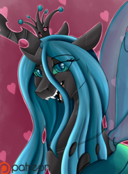 Size: 812x1102 | Tagged: safe, artist:crecious, queen chrysalis, changeling, changeling queen, g4, fangs, female, looking at you, open mouth, smiling, solo