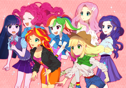 Size: 1280x903 | Tagged: safe, artist:kawachi0814, applejack, fluttershy, pinkie pie, rainbow dash, rarity, sci-twi, sunset shimmer, twilight sparkle, equestria girls, g4, breasts, cleavage, cute, eyes closed, humane five, humane seven, humane six, legs, mane six, open mouth