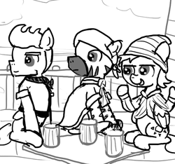 Size: 640x600 | Tagged: safe, artist:ficficponyfic, oc, oc only, earth pony, pegasus, pony, zebra, colt quest, adult, bandana, cape, clothes, cloud, cutie mark, feather, gambling, handkerchief, hat, male, pirate, pirate ship, railing, ship, sitting, stallion, story included, sun, wings