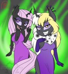 Size: 720x783 | Tagged: safe, artist:dativyrose, fleur-de-lis, oc, oc only, oc:queen papillon, oc:queen vaspira, changeling, changeling queen, anthro, g4, bedroom eyes, changeling queen oc, changelingified, chibi, clothes, dress, female, licking, licking lips, patreon, patreon logo, purple changeling, species swap, tongue out, yellow changeling