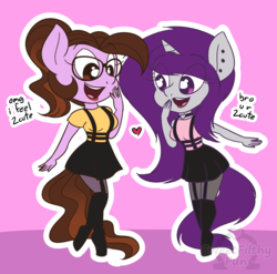 Size: 1000x988 | Tagged: safe, artist:dativyrose, oc, oc only, oc:ivy rose, oc:wicked silly, anthro, chibi, clothes, collar, cute, dress, glasses, heart, piercing, stockings, tights
