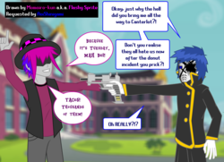 Size: 1350x975 | Tagged: safe, artist:momoiro-kun, oc, oc only, oc:flashy sprite, equestria girls, g4, aoishinigami, comic, humanized, taco tuesday, weapon