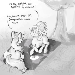 Size: 2000x2000 | Tagged: safe, artist:lisa400, applejack, cherry jubilee, g4, 30 minute art challenge, apple, apple pie, dialogue, food, high res, monochrome, outdoors, picnic, pie, prone, puffy cheeks, tree