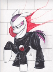 Size: 1701x2338 | Tagged: safe, artist:scribblepwn3, oc, oc only, earth pony, pony, blood, crossover, pen drawing, pink, pink floyd, solo, the wall, traditional art, watercolor painting