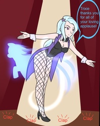 Size: 705x887 | Tagged: safe, artist:jonfawkes, artist:jrain9110, part of a set, trixie, human, g4, bowtie, clapping, clothes, coat, female, fishnet stockings, high heels, human to pony, humanized, imminent transformation, leotard, magic, magician, magician outfit, part of a series, solo, speech bubble, stage, stockings, transformation sequence