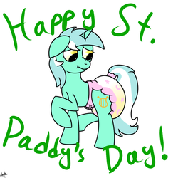 Size: 1000x1000 | Tagged: safe, artist:spritepony, lyra heartstrings, pony, unicorn, g4, diaper, diaper fetish, female, mare, non-baby in diaper, poofy diaper, pun, saint patrick's day, scrunchy face, solo, urine, used diaper, wet diaper