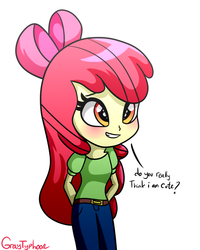 Size: 1200x1500 | Tagged: safe, artist:graytyphoon, apple bloom, equestria girls, g4, adorabloom, blushing, bronybait, cute, dialogue, female, simple background, solo, white background