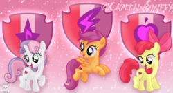 Size: 1024x554 | Tagged: safe, artist:capitainsmiffy, apple bloom, scootaloo, sweetie belle, g4, cutie mark, cutie mark crusaders, open mouth, the cmc's cutie marks