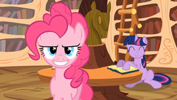 Size: 1366x768 | Tagged: safe, screencap, pinkie pie, twilight sparkle, a friend in deed, g4, smiling