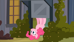 Size: 1366x768 | Tagged: safe, screencap, pinkie pie, a friend in deed, g4, door, female, gravity, in which pinkie pie forgets how to gravity, pinkie being pinkie, pinkie physics, solo, upside down