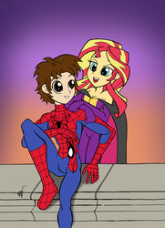 Size: 2536x3508 | Tagged: safe, artist:edcom02, artist:jmkplover, sunset shimmer, human, spiders and magic: rise of spider-mane, equestria girls, g4, clothes, costume, crossover, duo, friends, high res, male, peter parker, spider-man, superhero