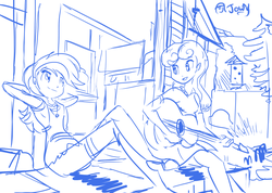 Size: 867x618 | Tagged: safe, artist:jowyb, bon bon, lyra heartstrings, sweetie drops, equestria girls, g4, duo, guitar, lineart, monochrome, smiling