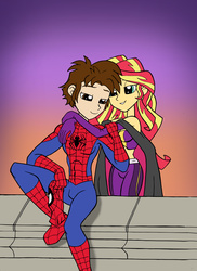 Size: 2551x3508 | Tagged: safe, artist:edcom02, artist:jmkplover, sunset shimmer, human, spiders and magic: rise of spider-mane, equestria girls, g4, clothes, costume, crossover, duo, friends, high res, male, peter parker, spider-man, superhero